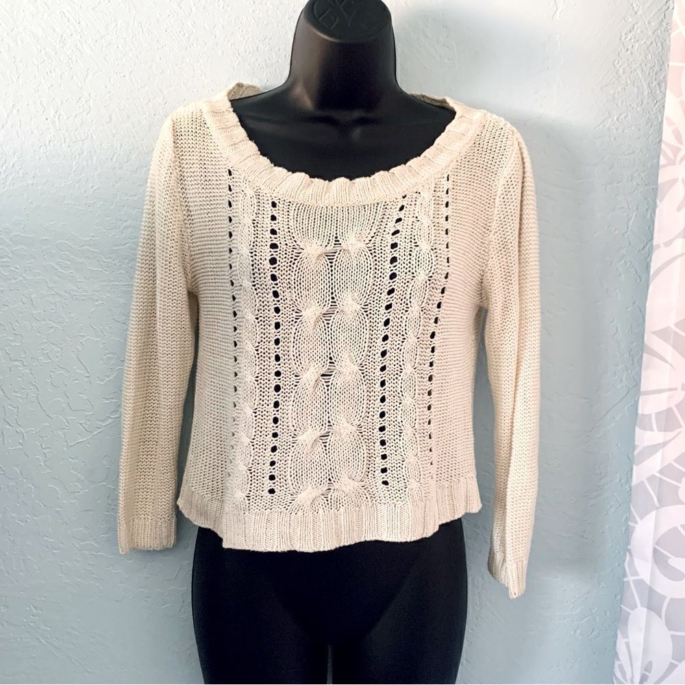 Zebra Cream Cable Knit Cropped Scoop Neck Sweater Size Small
